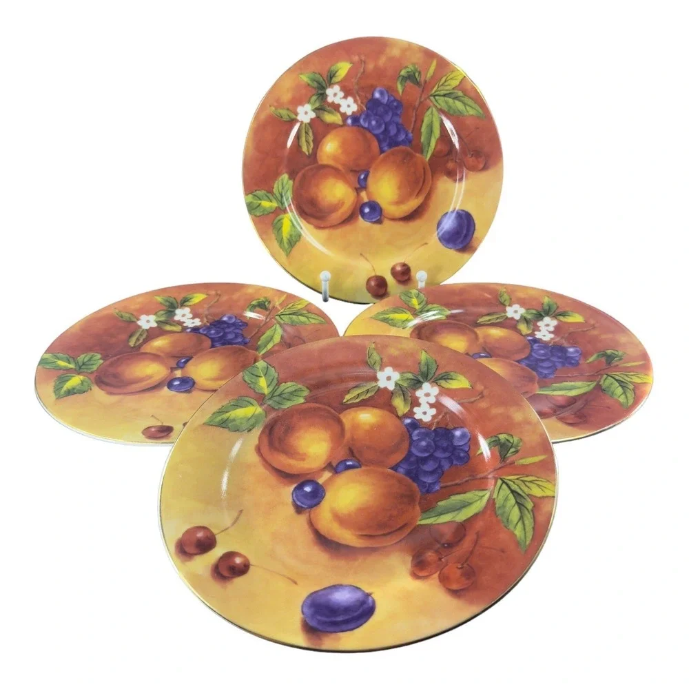T LIMOGES Fruit Porcelain Plate Dish Casa Elite France Set 4 Colorful Fruit VTG